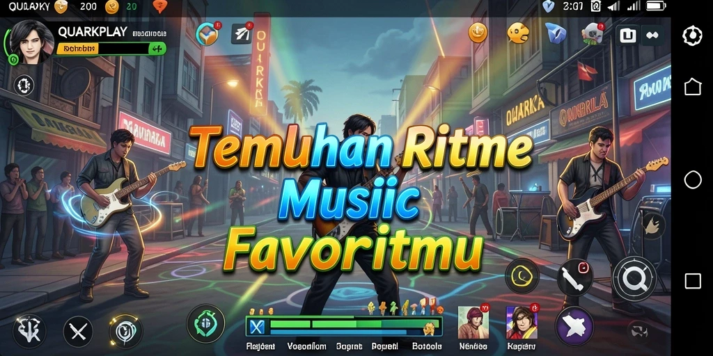 Screenshot <strong>QUARKPLAY</strong> menunjukkan antarmuka aplikasi yang menarik dan musik yang beragam.